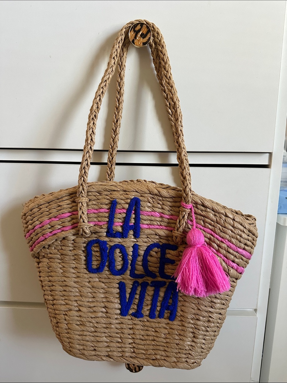 La Dolce Vita Pink Accent Straw Tote Bag
